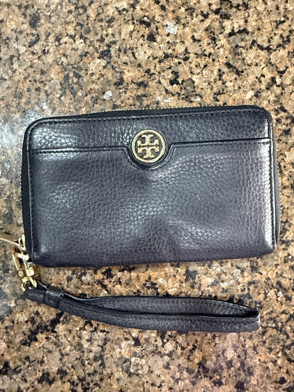 Tory Burch Black Pebbled Leather Zip Wristlet with Gold Logo